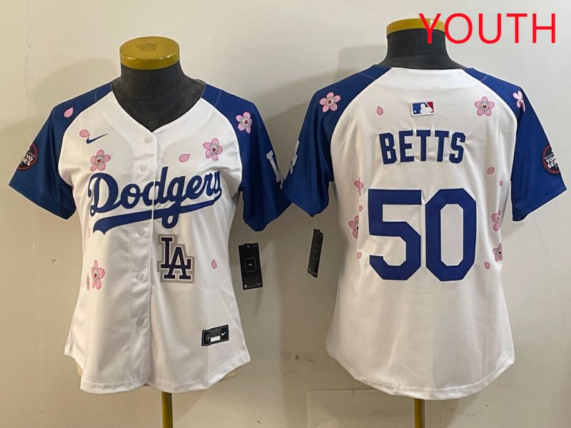Youth Los Angeles Dodgers #50 Betts White Blue Sakura Edition 2025 Nike MLB Jersey style 9->youth mlb jersey->Youth Jersey